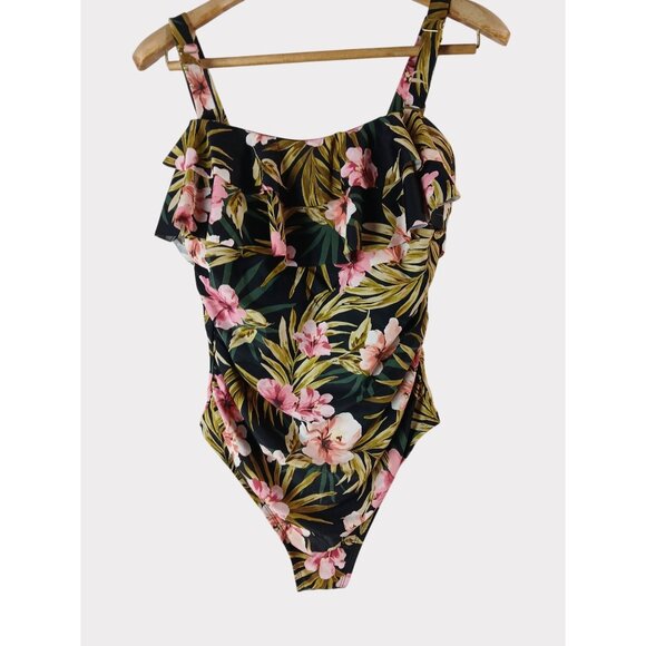 Kona Sol Other - Kona Sol 16W Black Green Pink Floral Ruffle Front One Piece Swimsuit 16W Plus